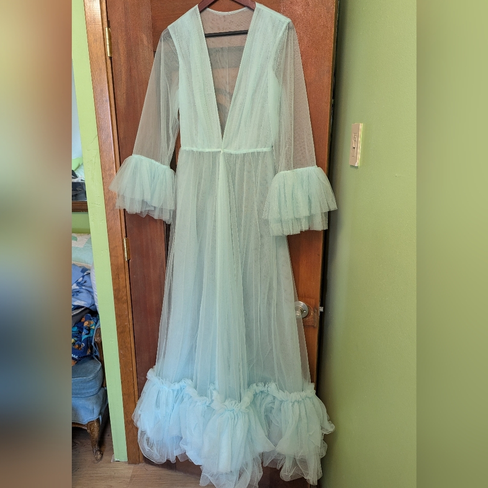 Anthropologie Sheer Tulle Maxi Dress in Pale Aqua